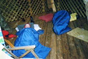 First time camping out in the old oak treehouse! Andy & David fast asleep in sleeping bags on an unusally cold October night in 2006. Take note of the carefully designed trap door entrance and exit plan.... The boys loved every moment and camping night in that big oak treehouse!